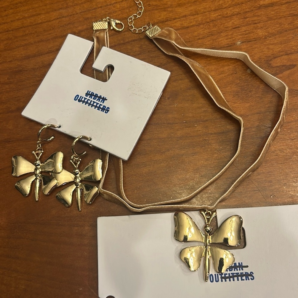Urban Outfitters gold butterfly necklace and earring set NEW